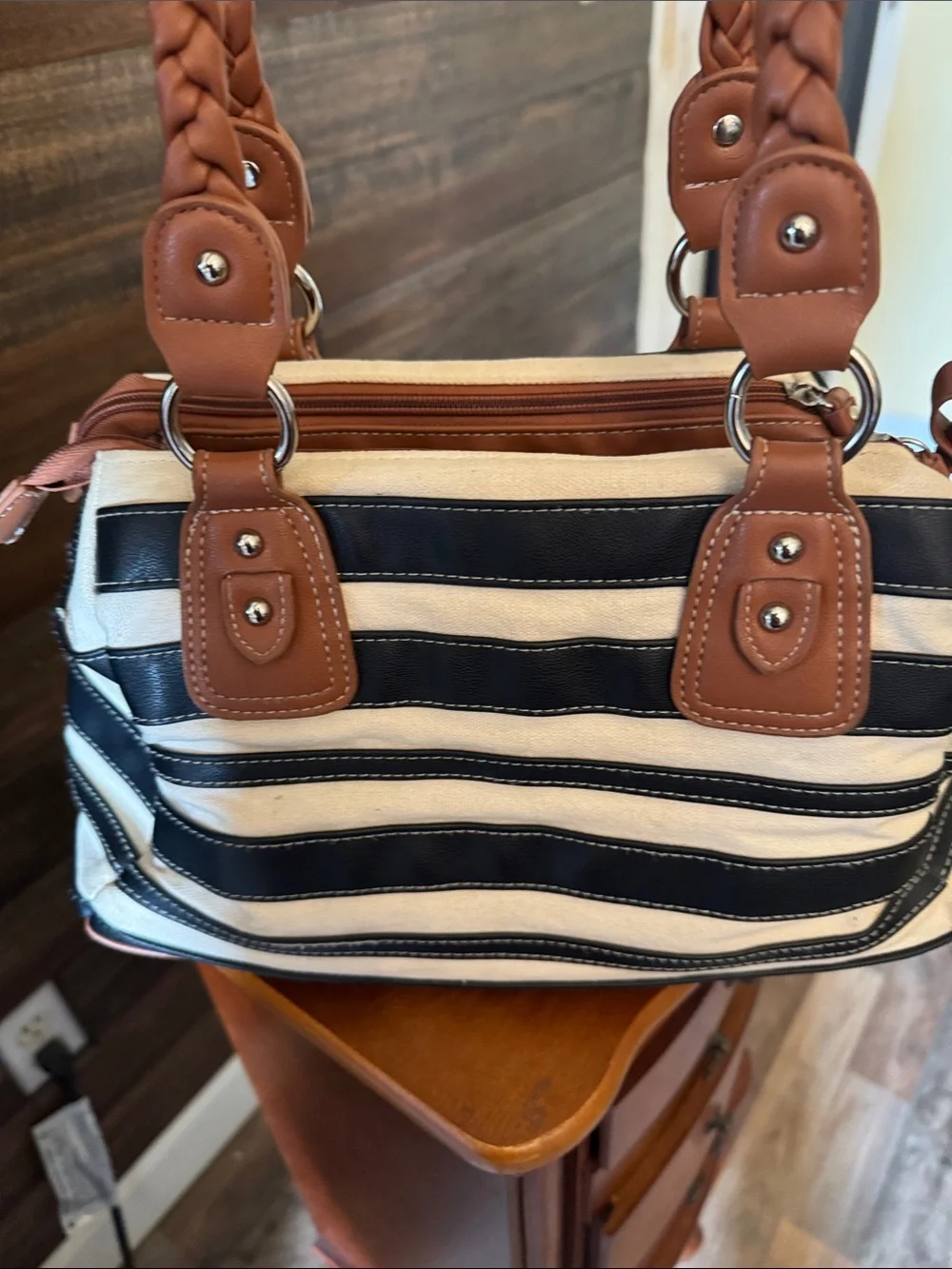 Stone Mountain Black and Cream Striped Shoulder Bag with Tan Braided Handles